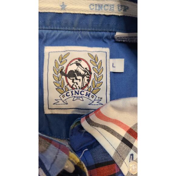 Cinch Button Down Tshirt Mens L Blue Red Plaid Short Sleeve Ranch Outdoor FLAW - Picture 6 of 9